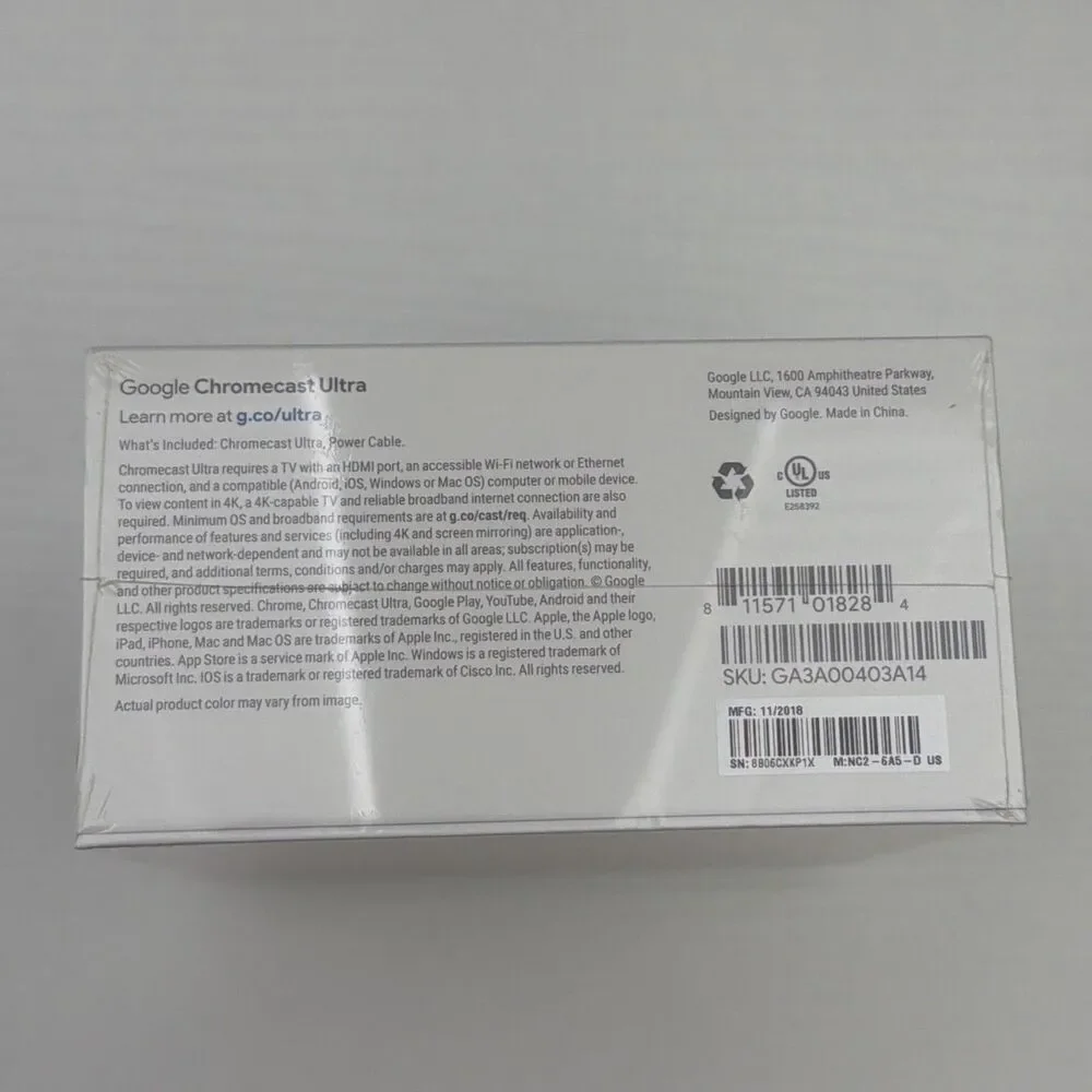 Google Chromecast Ultra 4K Digital Media Streamer -  Sealed New